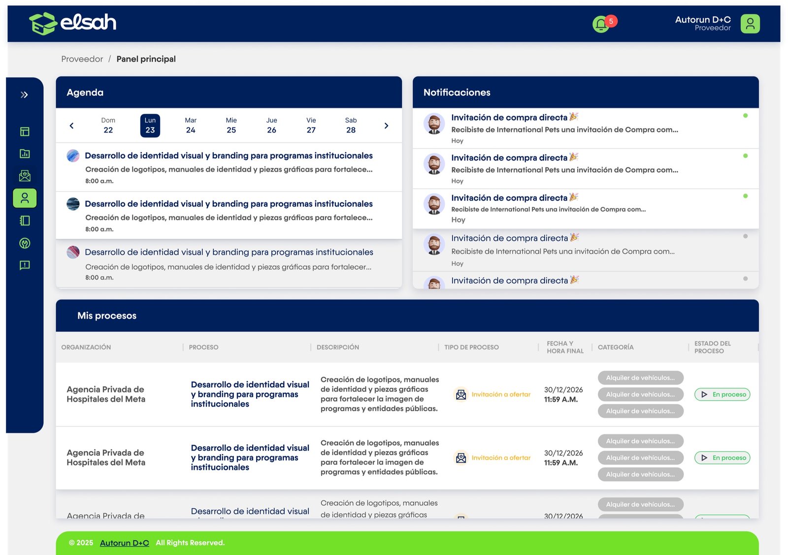 ELSAH platform interface for suppliers